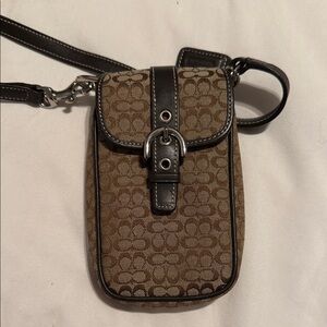 Coach Brown Signature Monogram Phone Crossbody with Dark Trim